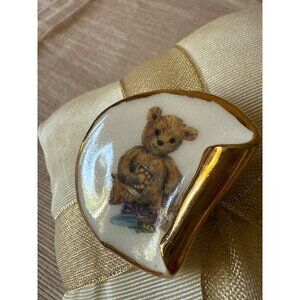 Vintage Teddy Bear Brooch Pin With Gold Trim Curled Side